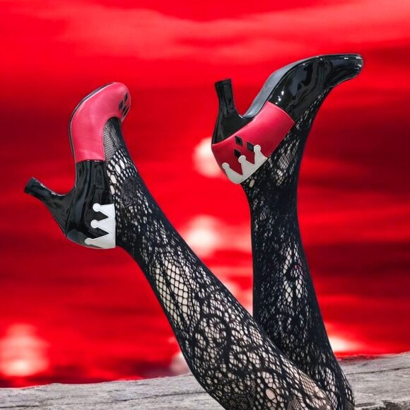 FunTasma ✦ Harley Quinn High Heels ✦ Red Black White Patent w/ Checker Slip-On 9 - Picture 1 of 13